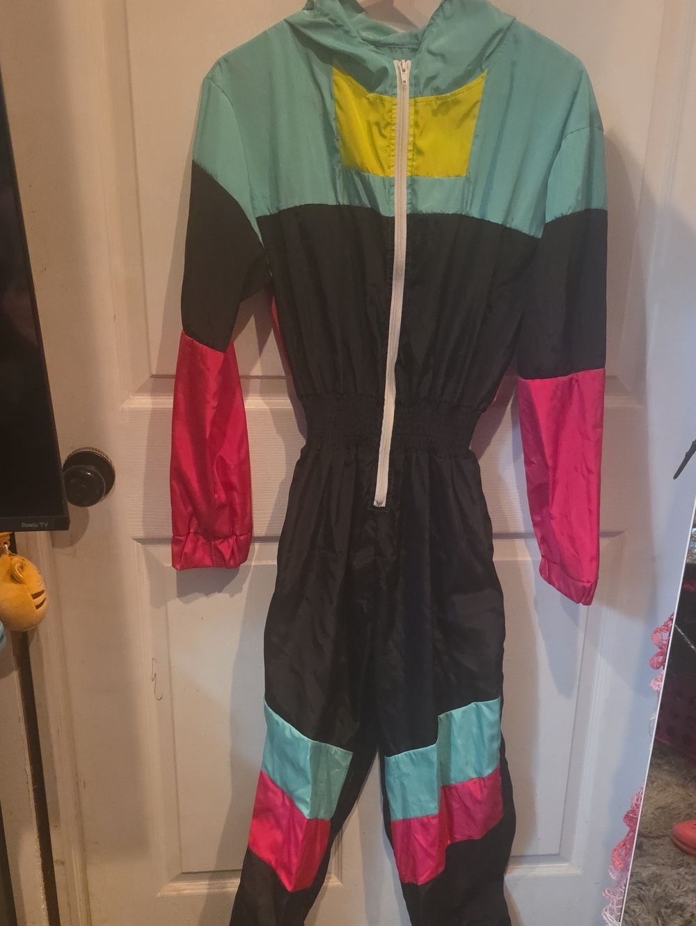 80s Colorblock Windbreaker Jumpsuit - Black, Teal, Pink, Yellow